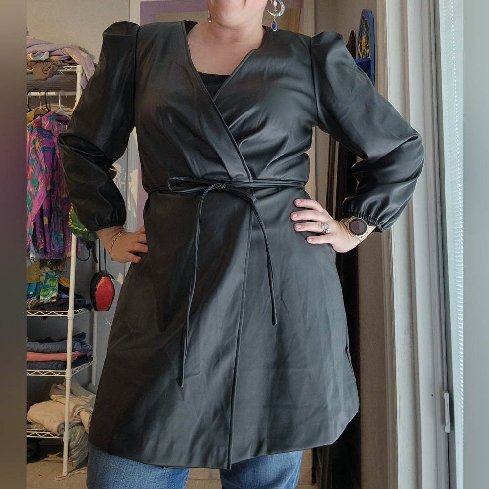 BCBG Faux Leather Black Midi Wrap Dress  (L)